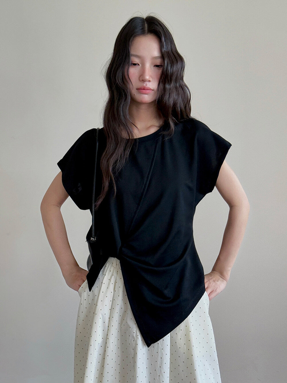 Crew-Neck Flutter-Sleeve Knot-Hem Side-Slit Tee