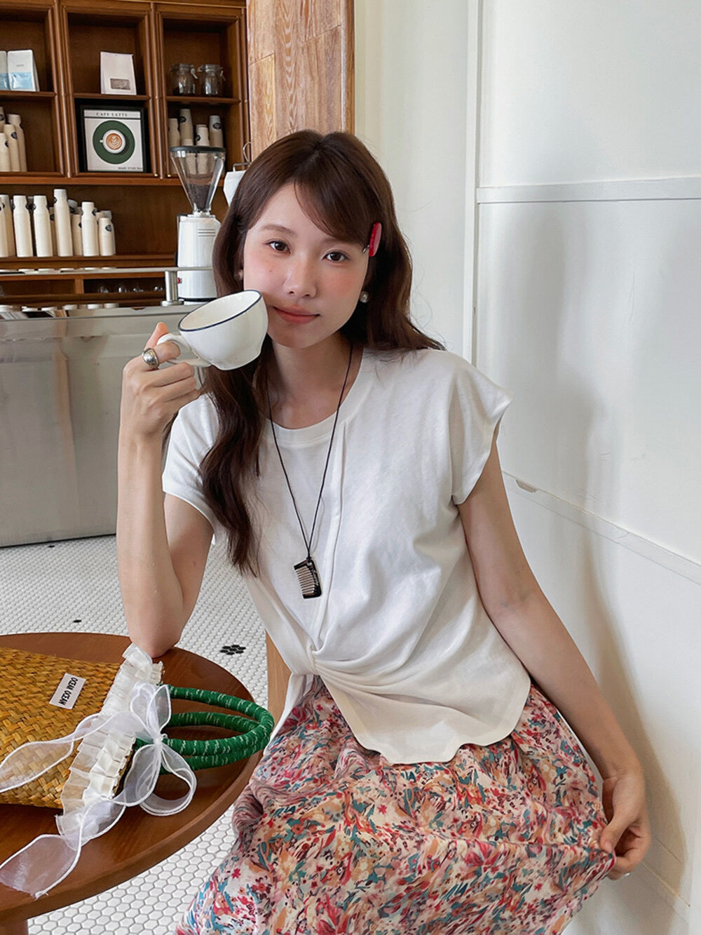 Crew-Neck Flutter-Sleeve Knot-Hem Side-Slit Tee