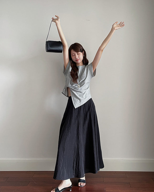 Crew-Neck Flutter-Sleeve Knot-Hem Side-Slit Tee