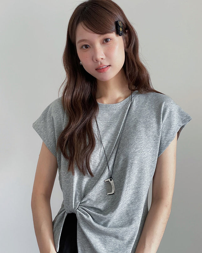 Crew-Neck Flutter-Sleeve Knot-Hem Side-Slit Tee