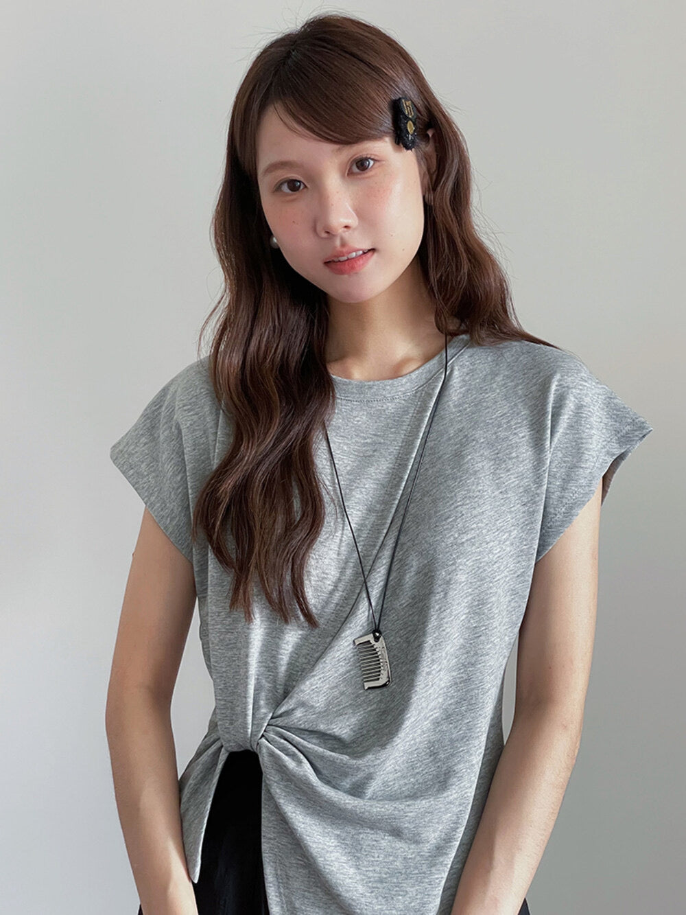 Crew-Neck Flutter-Sleeve Knot-Hem Side-Slit Tee