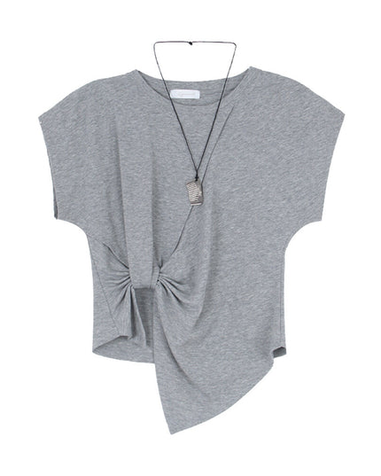 Crew-Neck Flutter-Sleeve Knot-Hem Side-Slit Tee