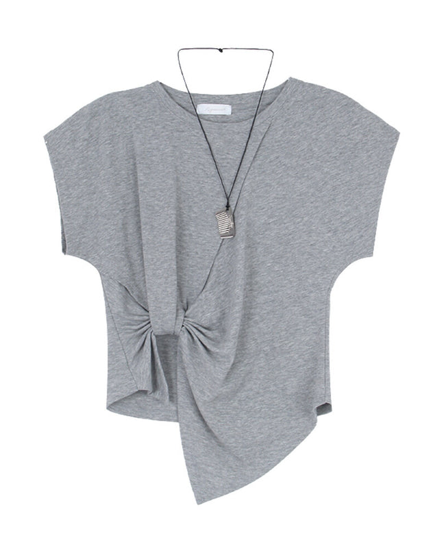 Crew-Neck Flutter-Sleeve Knot-Hem Side-Slit Tee