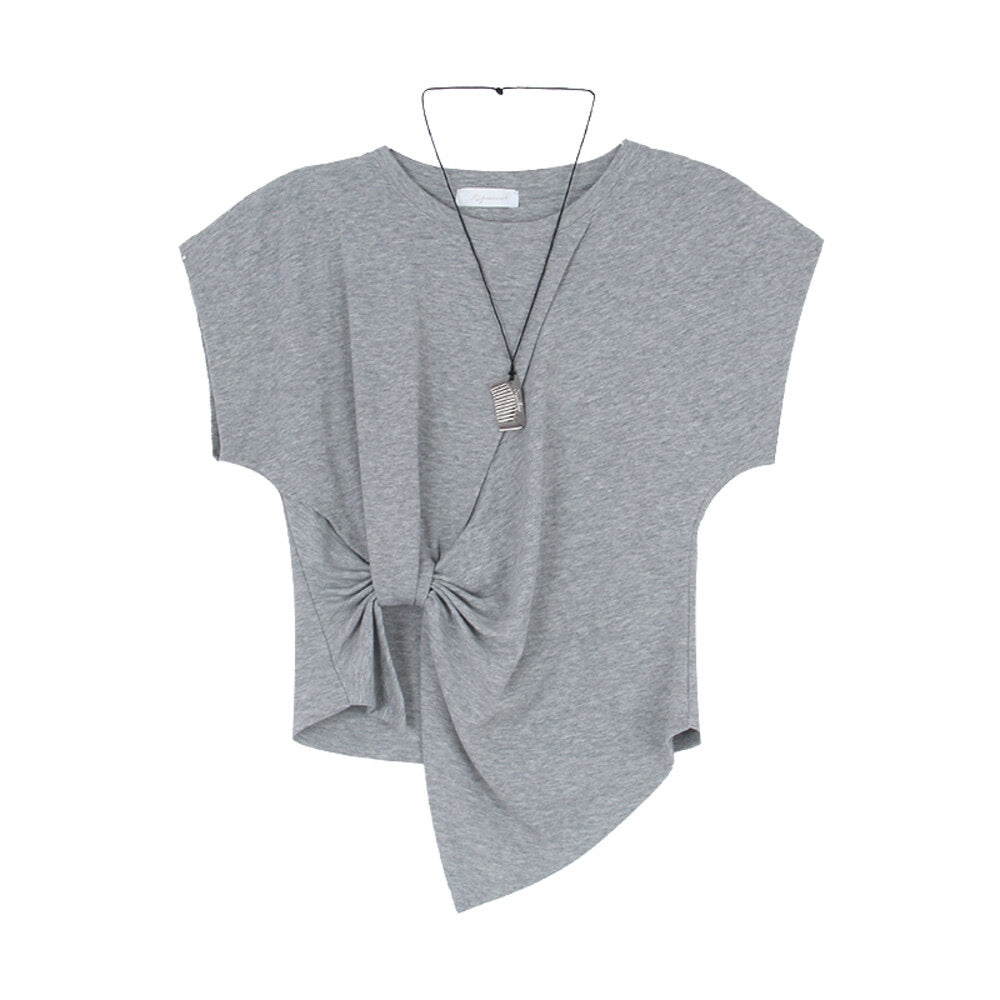 Crew-Neck Flutter-Sleeve Knot-Hem Side-Slit Tee