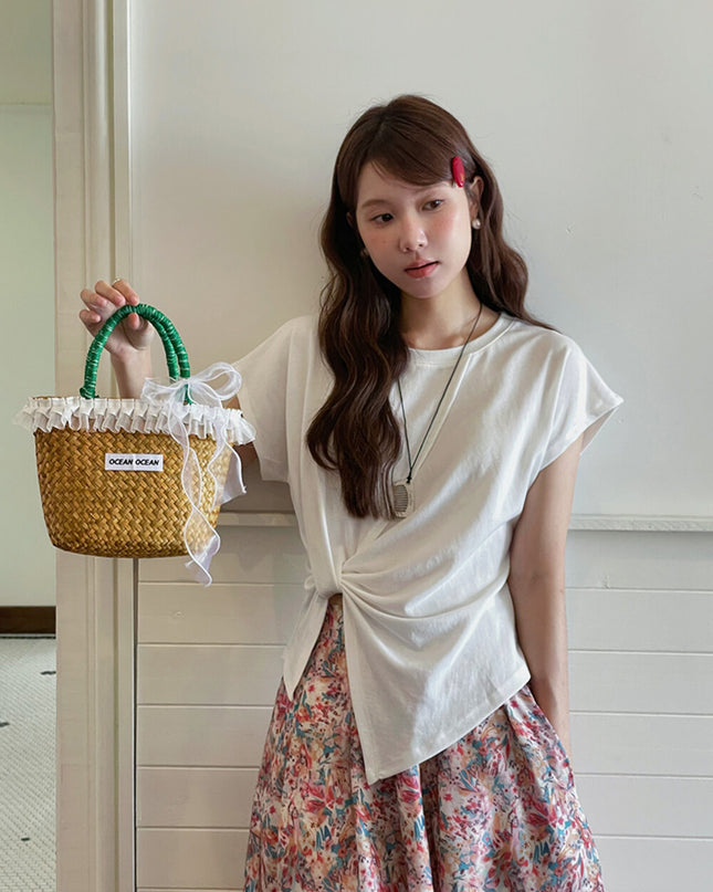 Crew-Neck Flutter-Sleeve Knot-Hem Side-Slit Tee