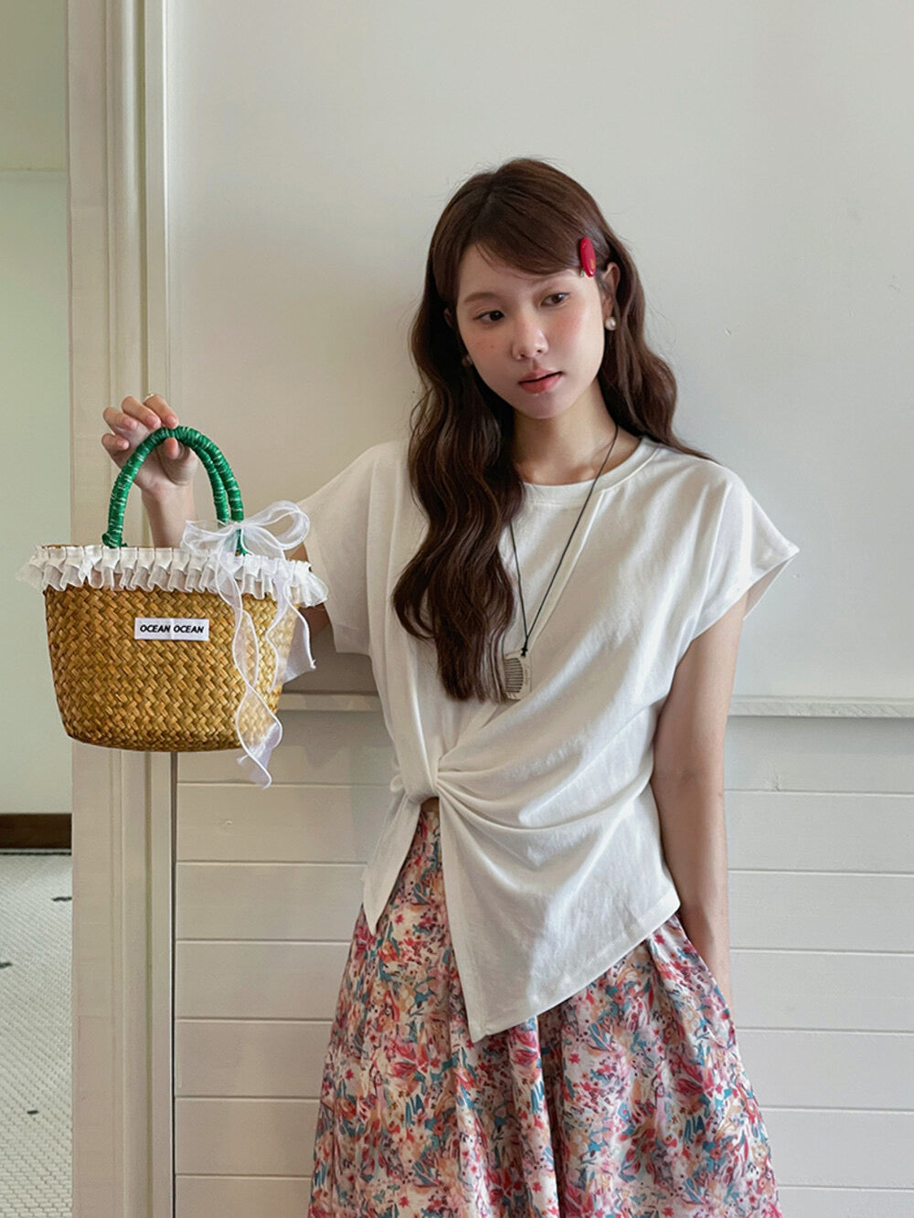 Crew-Neck Flutter-Sleeve Knot-Hem Side-Slit Tee