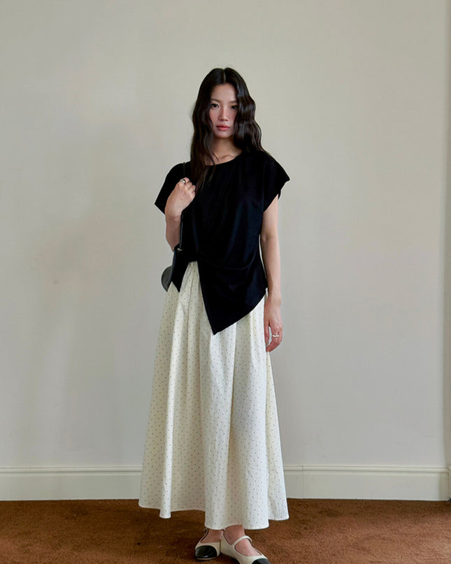 Crew-Neck Flutter-Sleeve Knot-Hem Side-Slit Tee