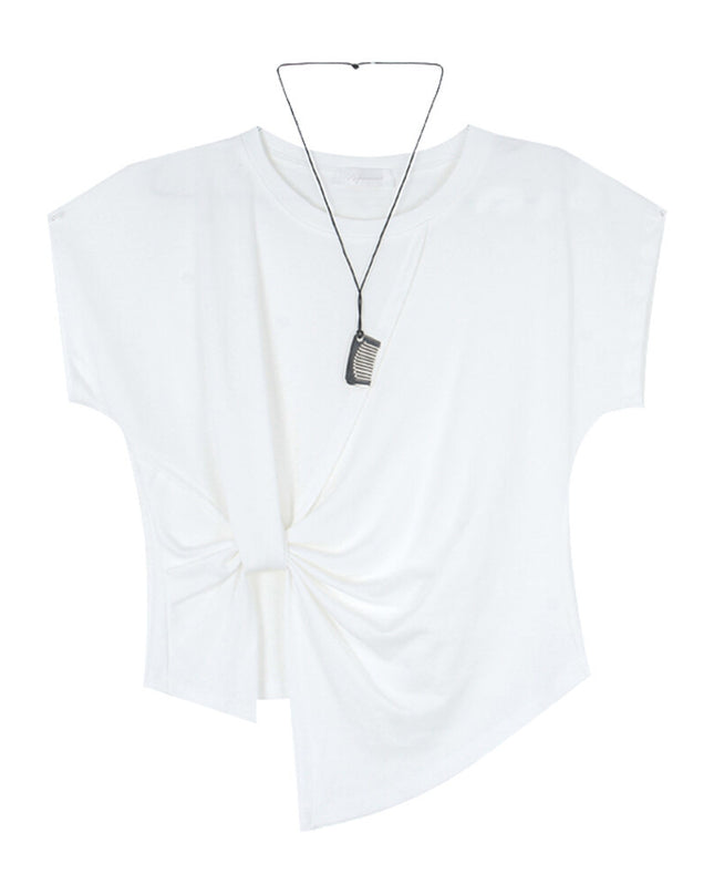 Crew-Neck Flutter-Sleeve Knot-Hem Side-Slit Tee