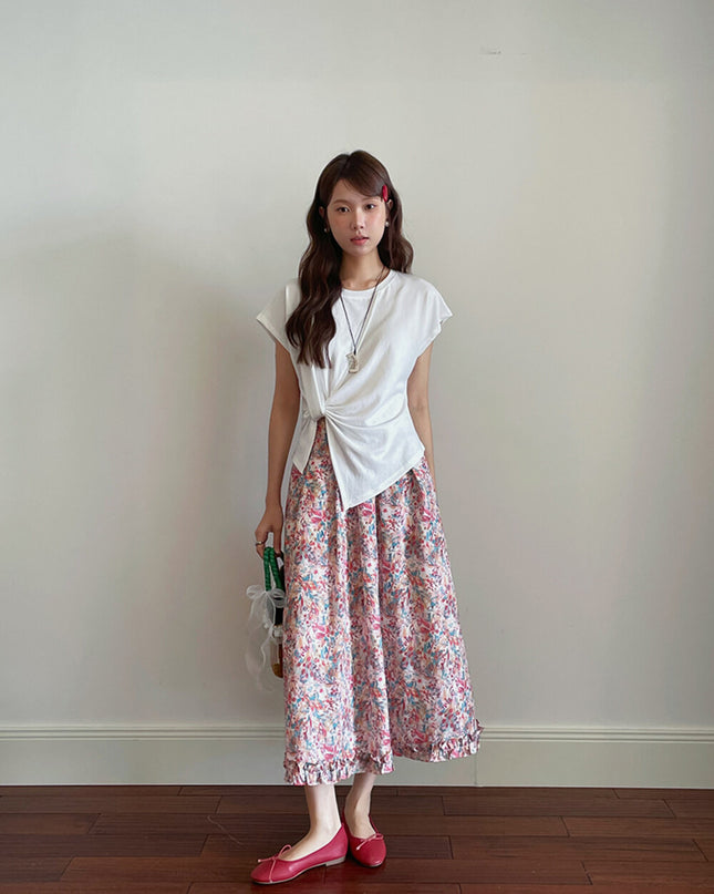 Crew-Neck Flutter-Sleeve Knot-Hem Side-Slit Tee