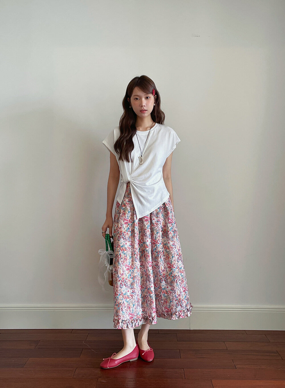 Crew-Neck Flutter-Sleeve Knot-Hem Side-Slit Tee
