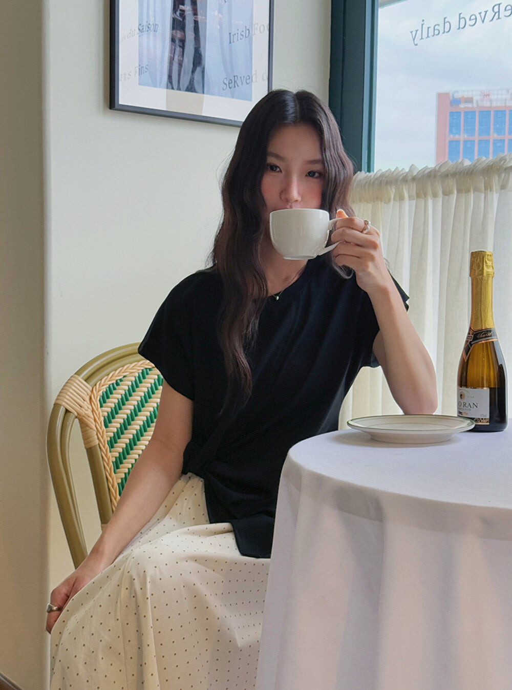 Crew-Neck Flutter-Sleeve Knot-Hem Side-Slit Tee