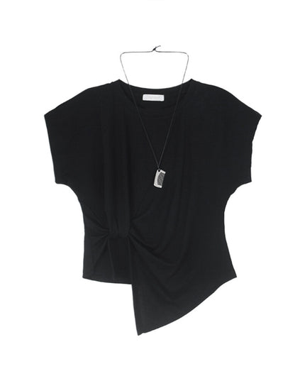 Crew-Neck Flutter-Sleeve Knot-Hem Side-Slit Tee