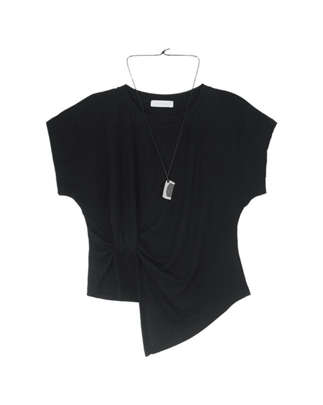 Crew-Neck Flutter-Sleeve Knot-Hem Side-Slit Tee