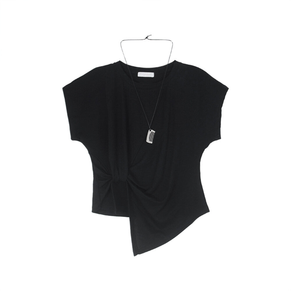 Crew-Neck Flutter-Sleeve Knot-Hem Side-Slit Tee
