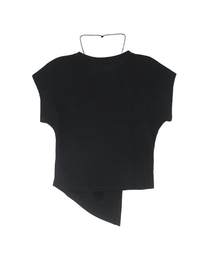 Crew-Neck Flutter-Sleeve Knot-Hem Side-Slit Tee