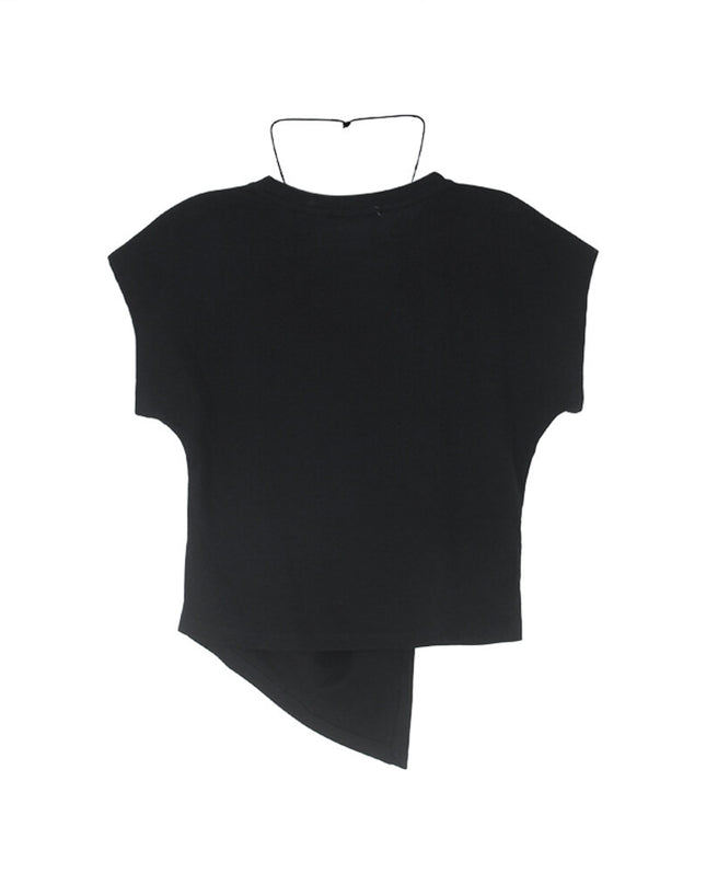Crew-Neck Flutter-Sleeve Knot-Hem Side-Slit Tee