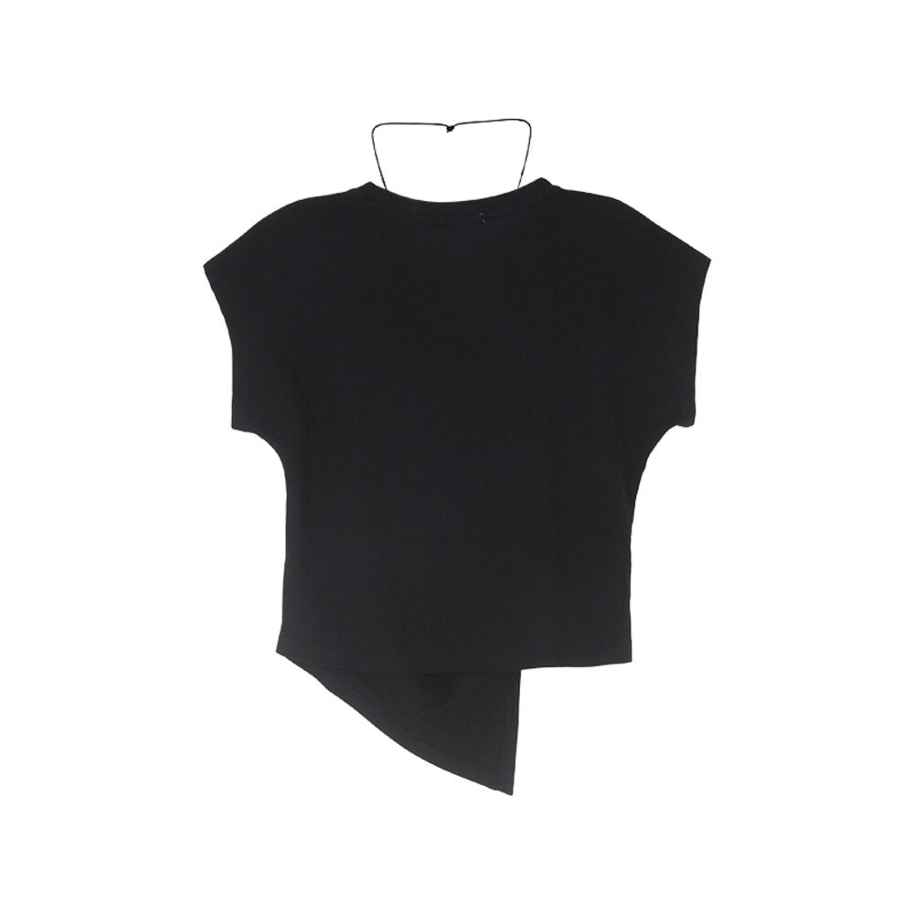 Crew-Neck Flutter-Sleeve Knot-Hem Side-Slit Tee