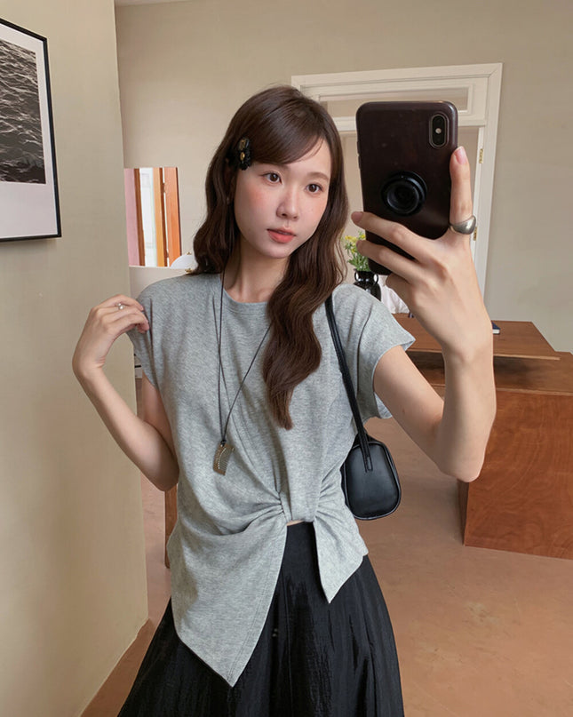 Crew-Neck Flutter-Sleeve Knot-Hem Side-Slit Tee