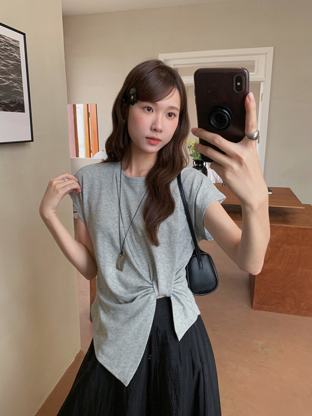 Crew-Neck Flutter-Sleeve Knot-Hem Side-Slit Tee