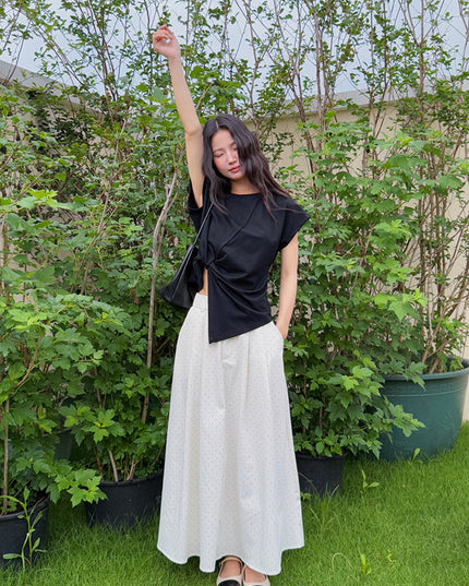 Crew-Neck Flutter-Sleeve Knot-Hem Side-Slit Tee