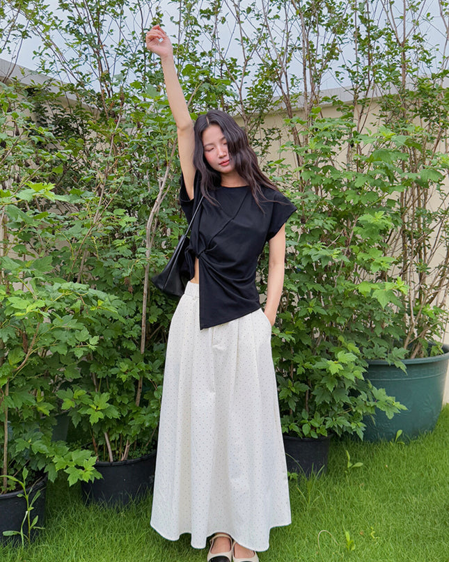Crew-Neck Flutter-Sleeve Knot-Hem Side-Slit Tee