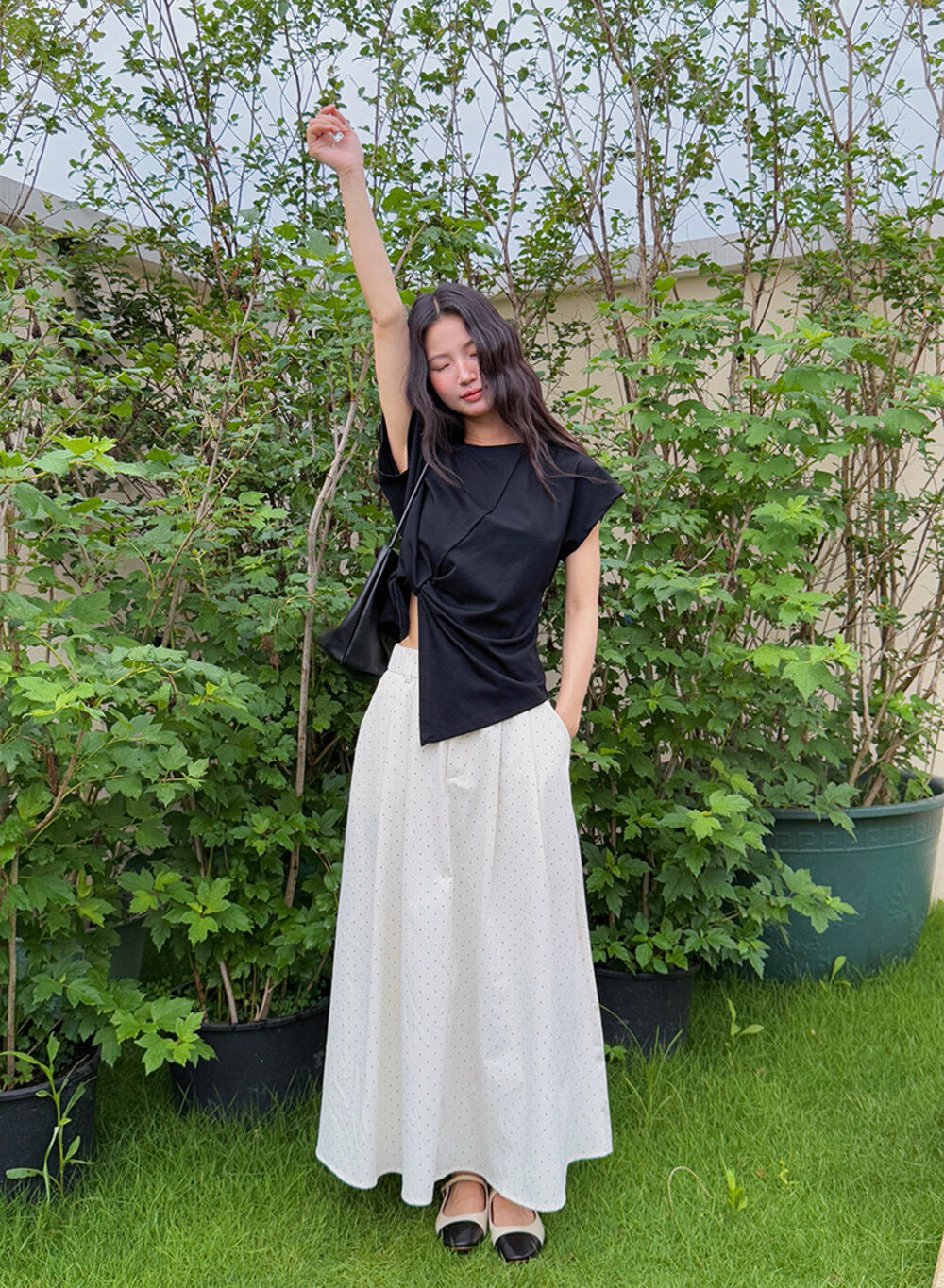 Crew-Neck Flutter-Sleeve Knot-Hem Side-Slit Tee