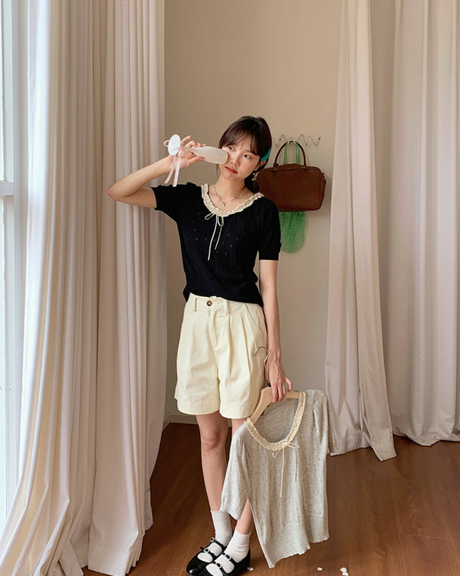 French Vintage Lace Hollow-Knit Waist-Defined Short-Sleeve Top