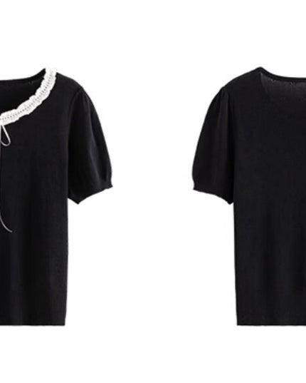 French Vintage Lace Hollow-Knit Waist-Defined Short-Sleeve Top