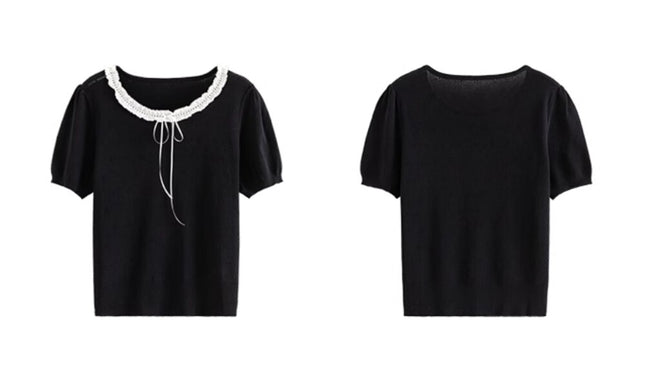 French Vintage Lace Hollow-Knit Waist-Defined Short-Sleeve Top