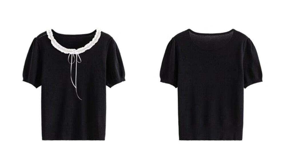 French Vintage Lace Hollow-Knit Waist-Defined Short-Sleeve Top