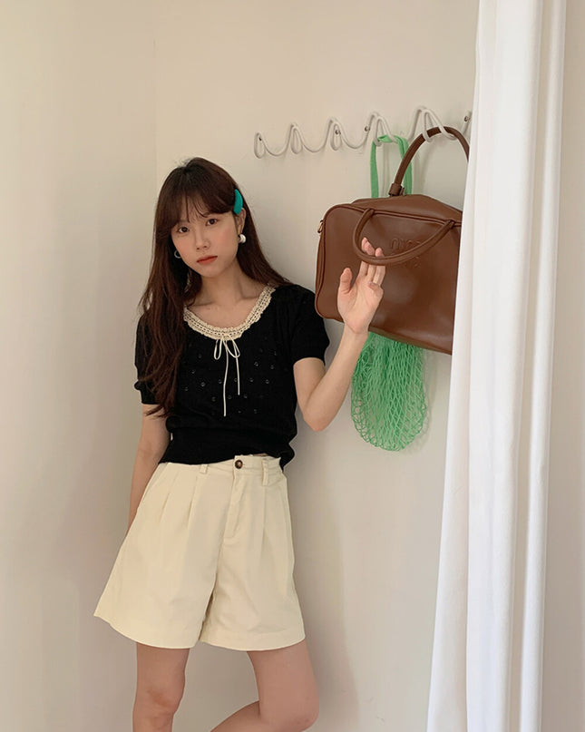 French Vintage Lace Hollow-Knit Waist-Defined Short-Sleeve Top