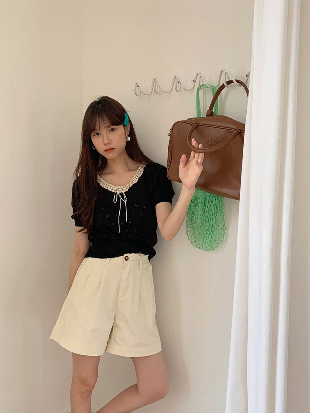 French Vintage Lace Hollow-Knit Waist-Defined Short-Sleeve Top