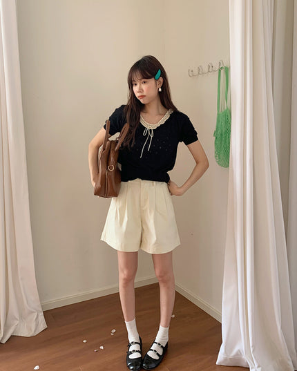 French Vintage Lace Hollow-Knit Waist-Defined Short-Sleeve Top