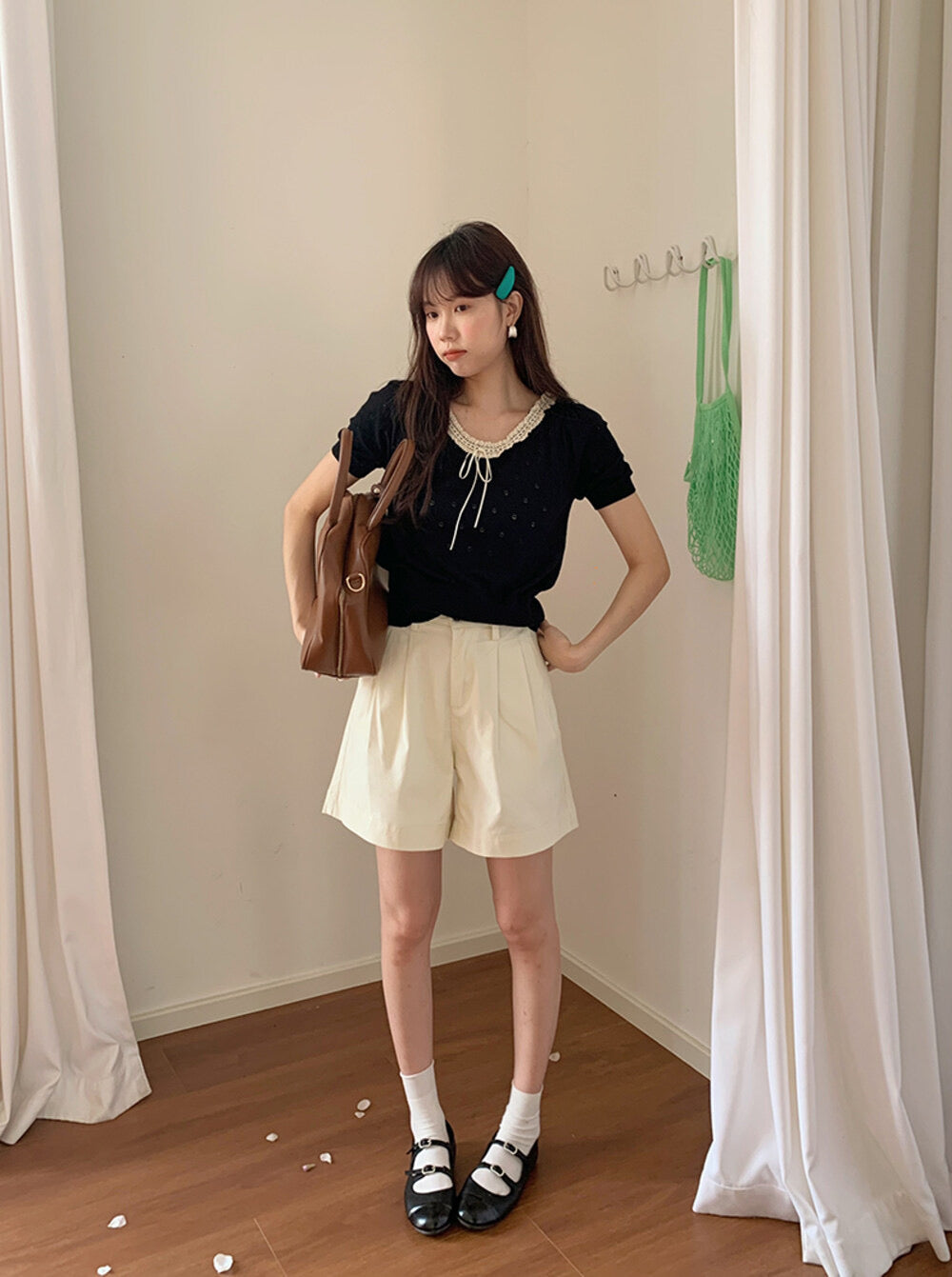 French Vintage Lace Hollow-Knit Waist-Defined Short-Sleeve Top