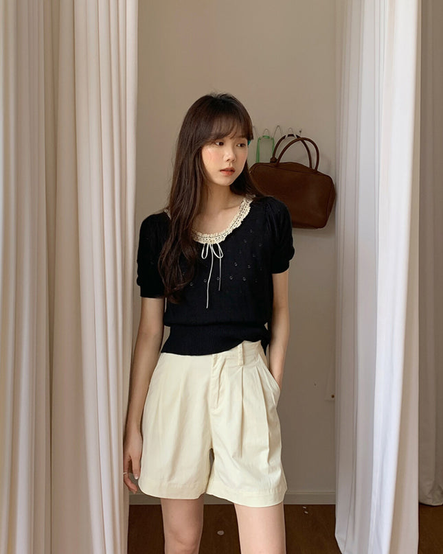 French Vintage Lace Hollow-Knit Waist-Defined Short-Sleeve Top