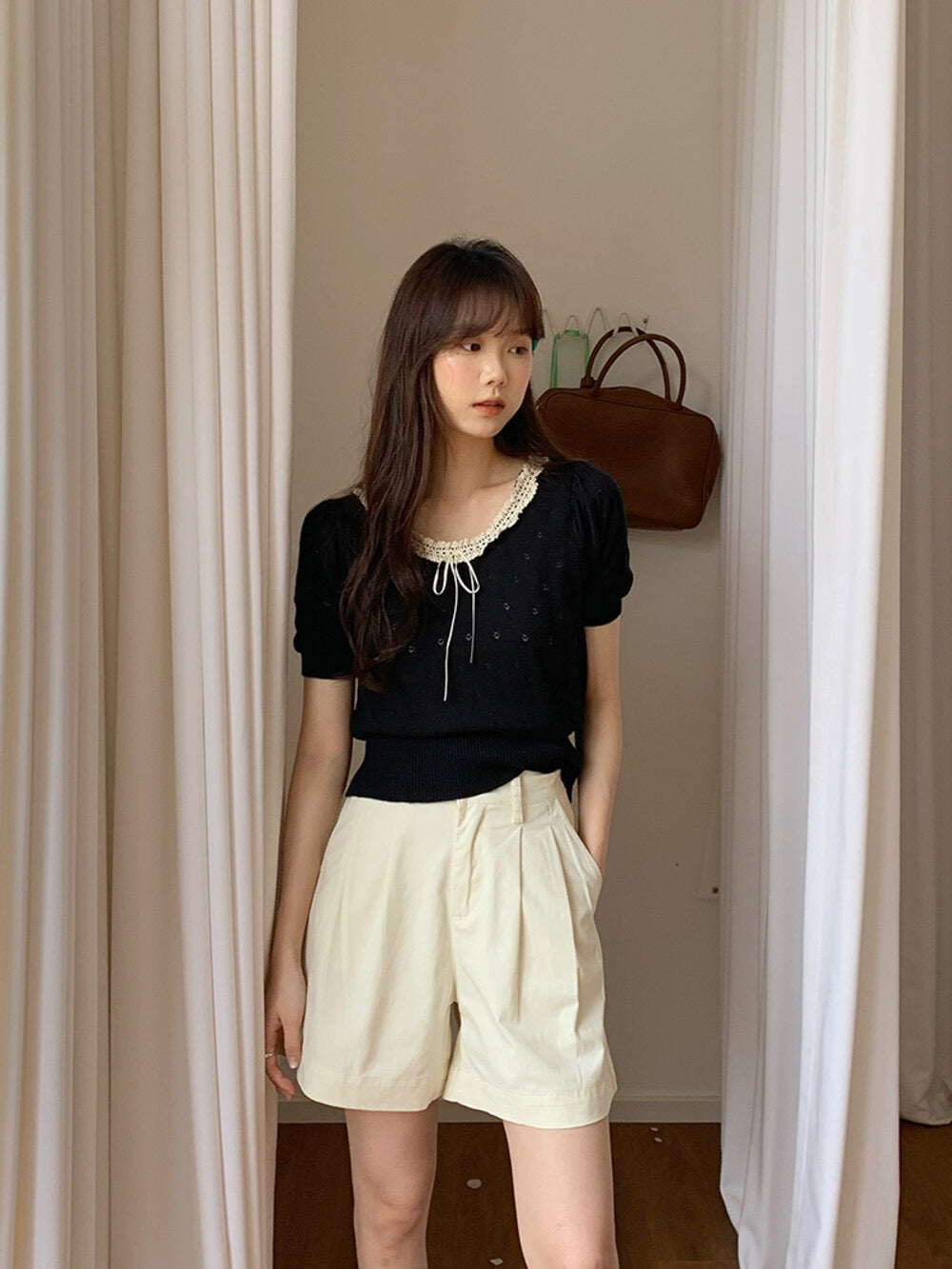 French Vintage Lace Hollow-Knit Waist-Defined Short-Sleeve Top