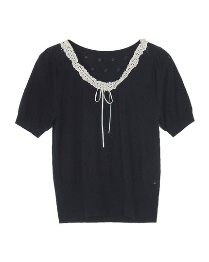 French Vintage Lace Hollow-Knit Waist-Defined Short-Sleeve Top
