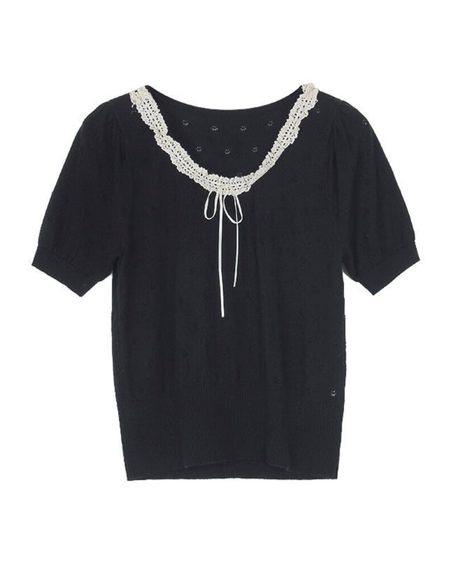 French Vintage Lace Hollow-Knit Waist-Defined Short-Sleeve Top