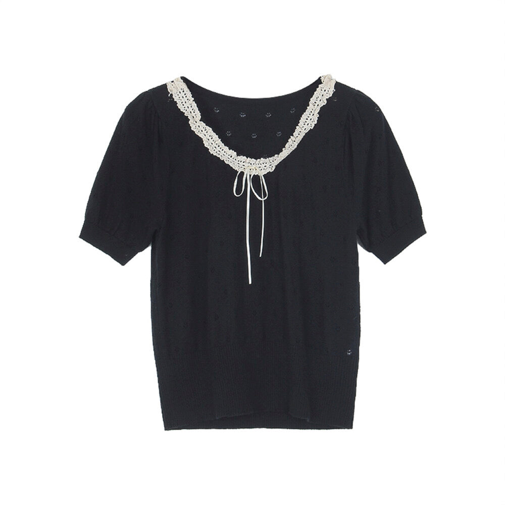 French Vintage Lace Hollow-Knit Waist-Defined Short-Sleeve Top