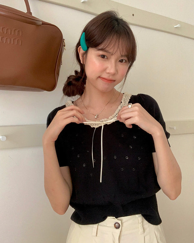 French Vintage Lace Hollow-Knit Waist-Defined Short-Sleeve Top