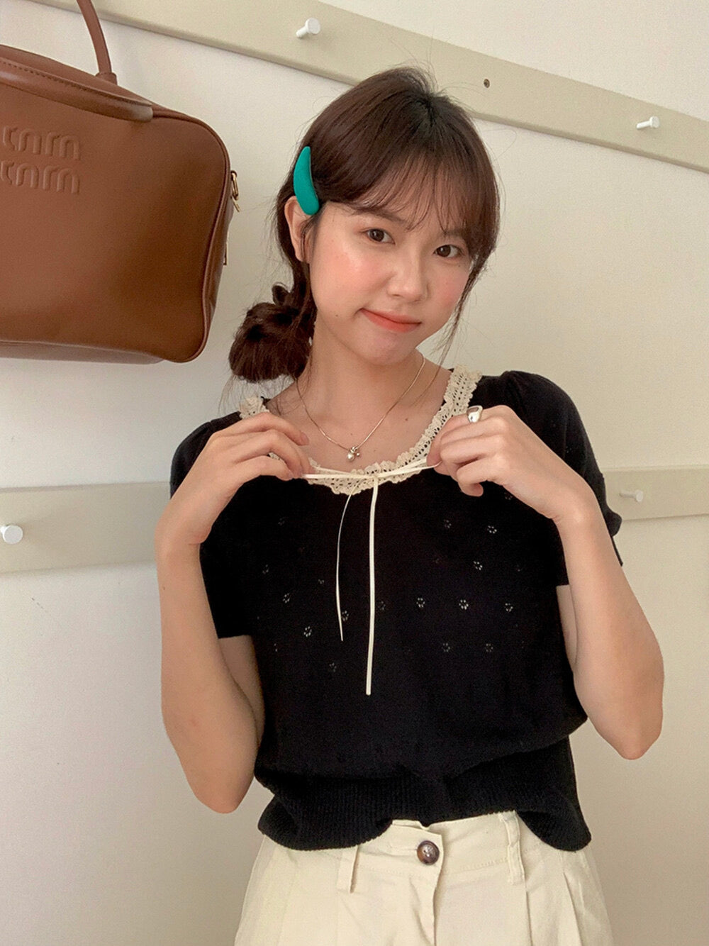 French Vintage Lace Hollow-Knit Waist-Defined Short-Sleeve Top