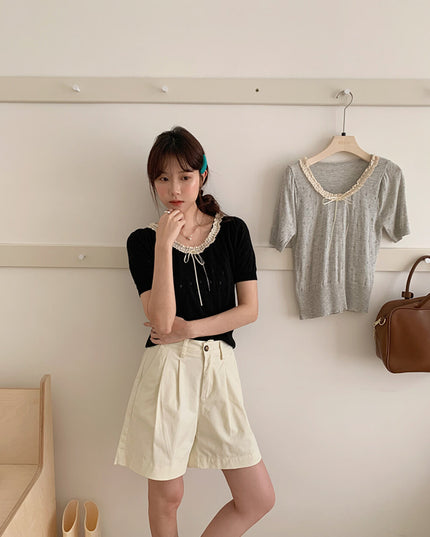 French Vintage Lace Hollow-Knit Waist-Defined Short-Sleeve Top