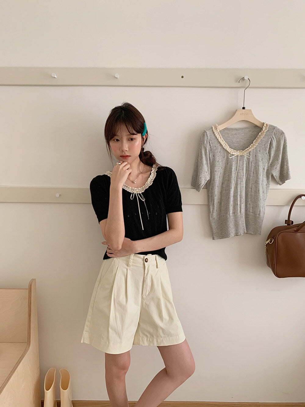 French Vintage Lace Hollow-Knit Waist-Defined Short-Sleeve Top