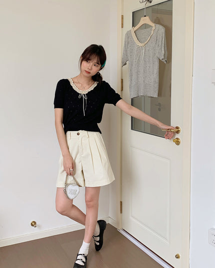 French Vintage Lace Hollow-Knit Waist-Defined Short-Sleeve Top