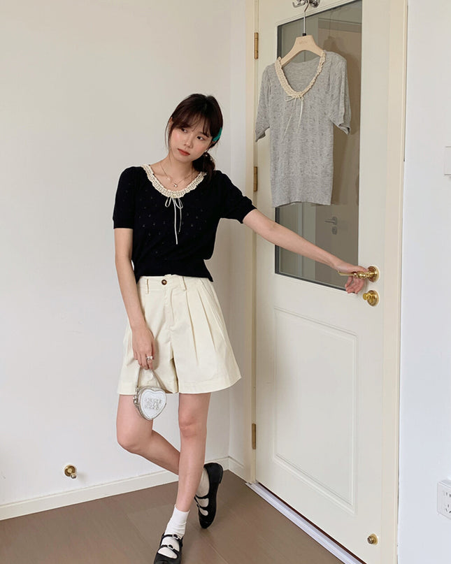 French Vintage Lace Hollow-Knit Waist-Defined Short-Sleeve Top