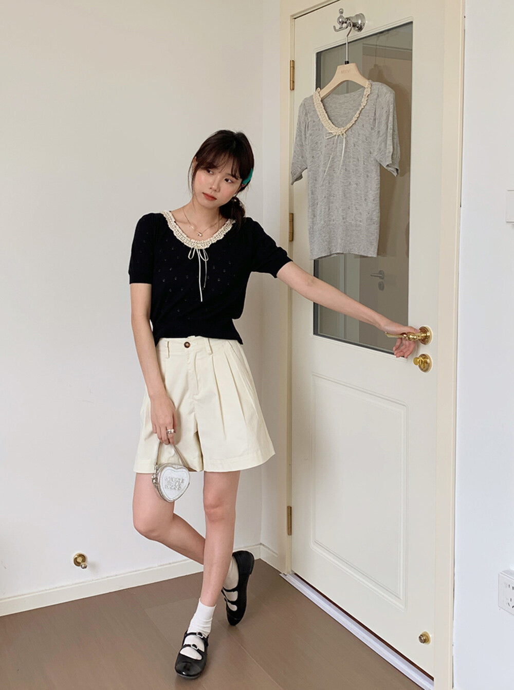 French Vintage Lace Hollow-Knit Waist-Defined Short-Sleeve Top