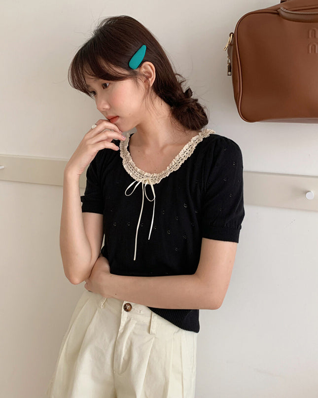 French Vintage Lace Hollow-Knit Waist-Defined Short-Sleeve Top