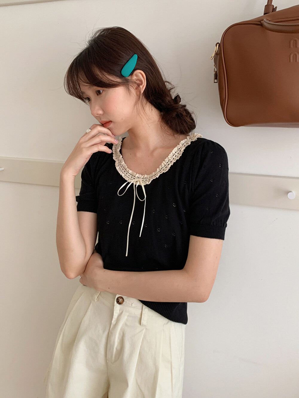 French Vintage Lace Hollow-Knit Waist-Defined Short-Sleeve Top