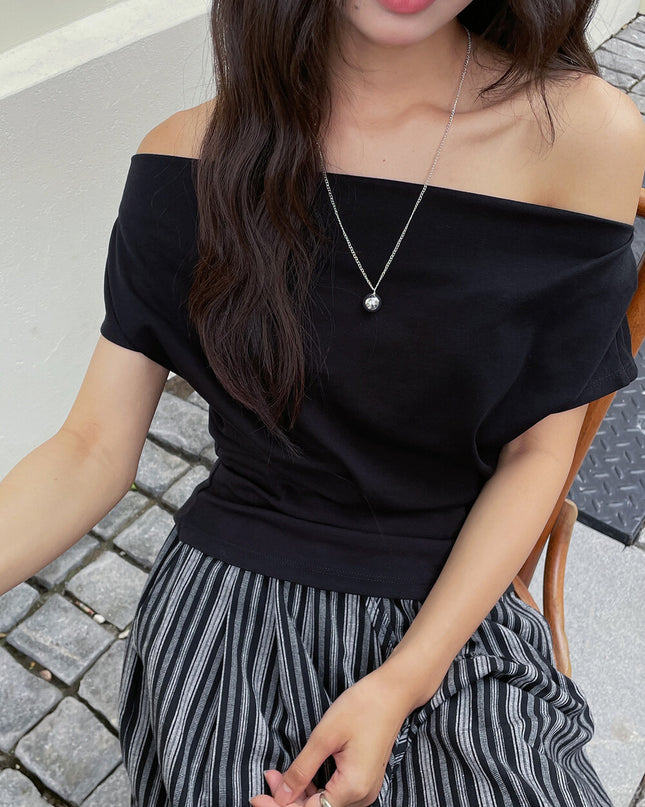 French Off-Shoulder Ruched Waist Short-Sleeve Tee