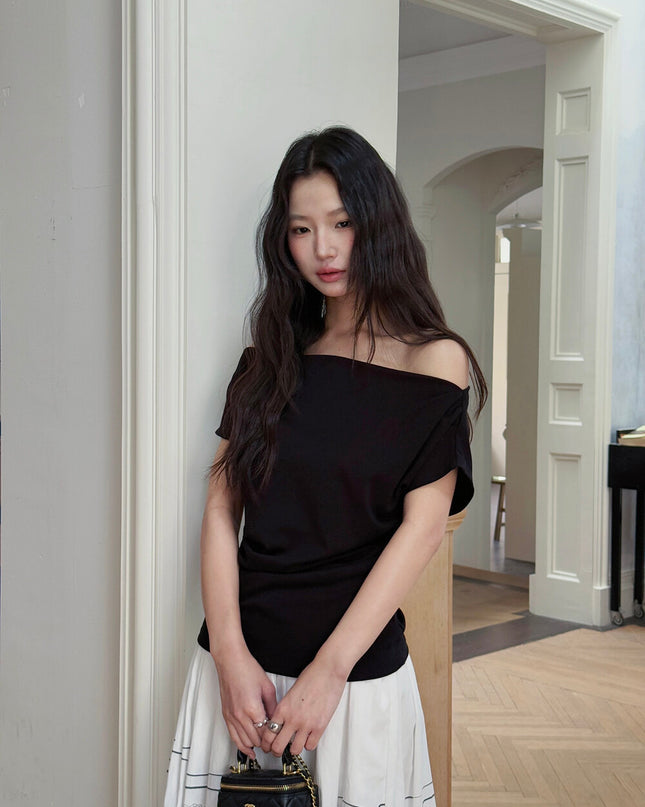 French Off-Shoulder Ruched Waist Short-Sleeve Tee